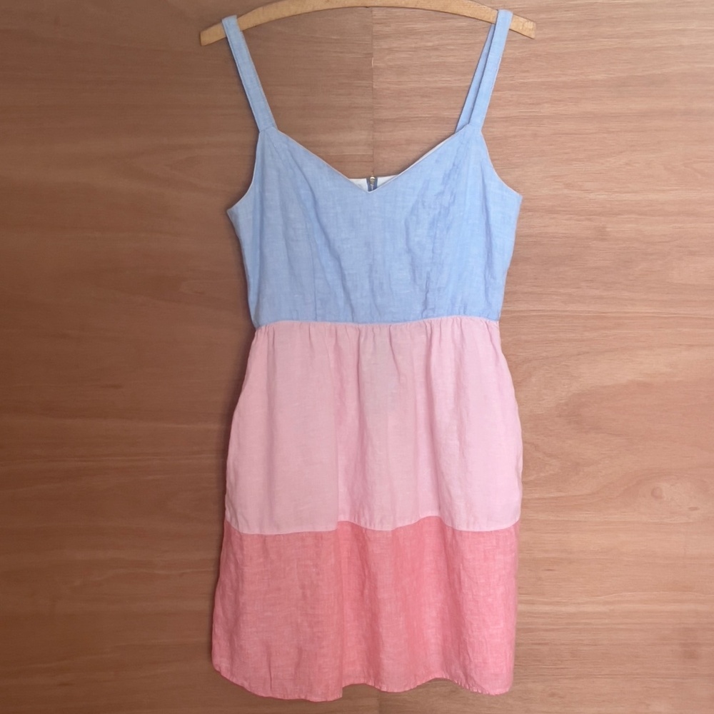 Cynthia Rowley 100% linen sleeveless sun dress sz S pockets colorblock blue pink